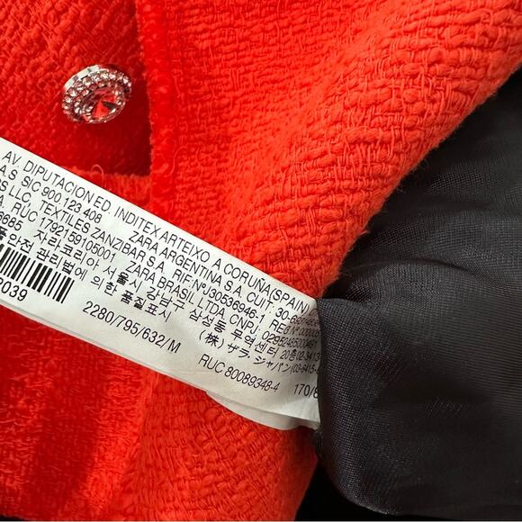 NWOT Zara Tweed Jewel Button Bright Orange Blazer. - Picture 9 of 10